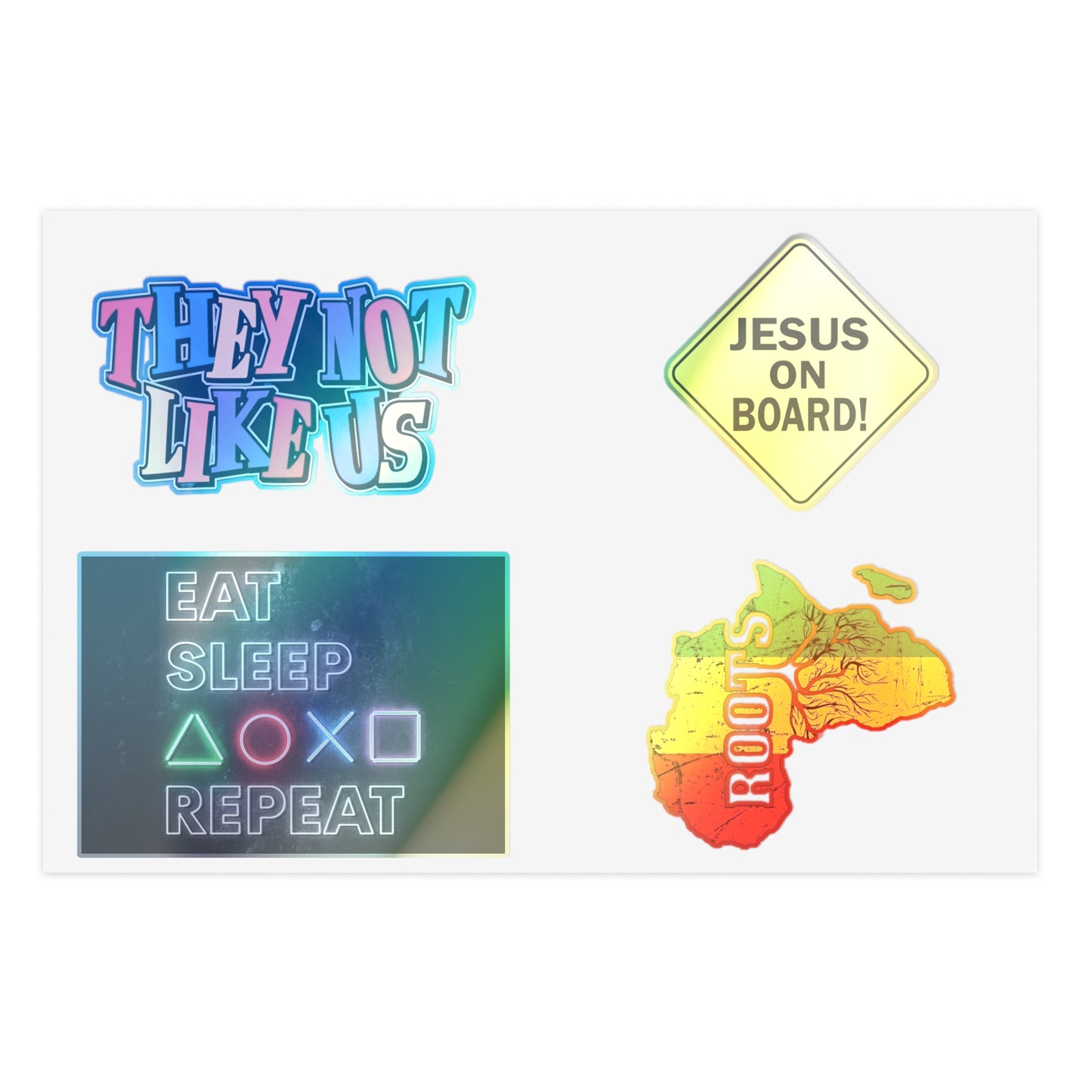 Sticker Sheet Pack — Retro Gaming, Rasta Roots, Christian 'Jesus On Board' & 'They Not Like Us' Designs