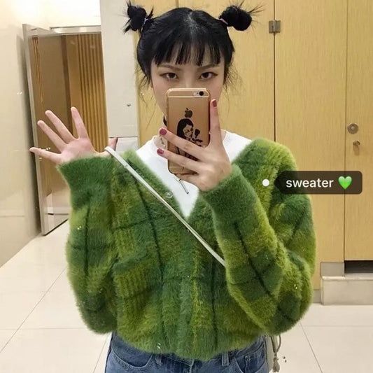 Ghost Horse Girl Thickened Warm Mink Fleece Checkered Sweater cardigan Coat