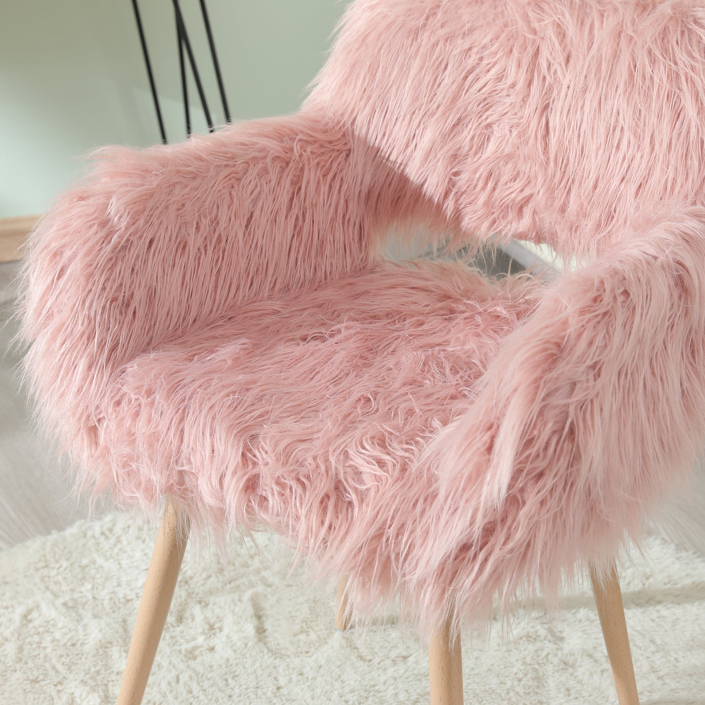 PINK Faux Fur Upholstered Make up chair Side Dining Chair with Metal Leg(PINK+Beech Metal Leg)