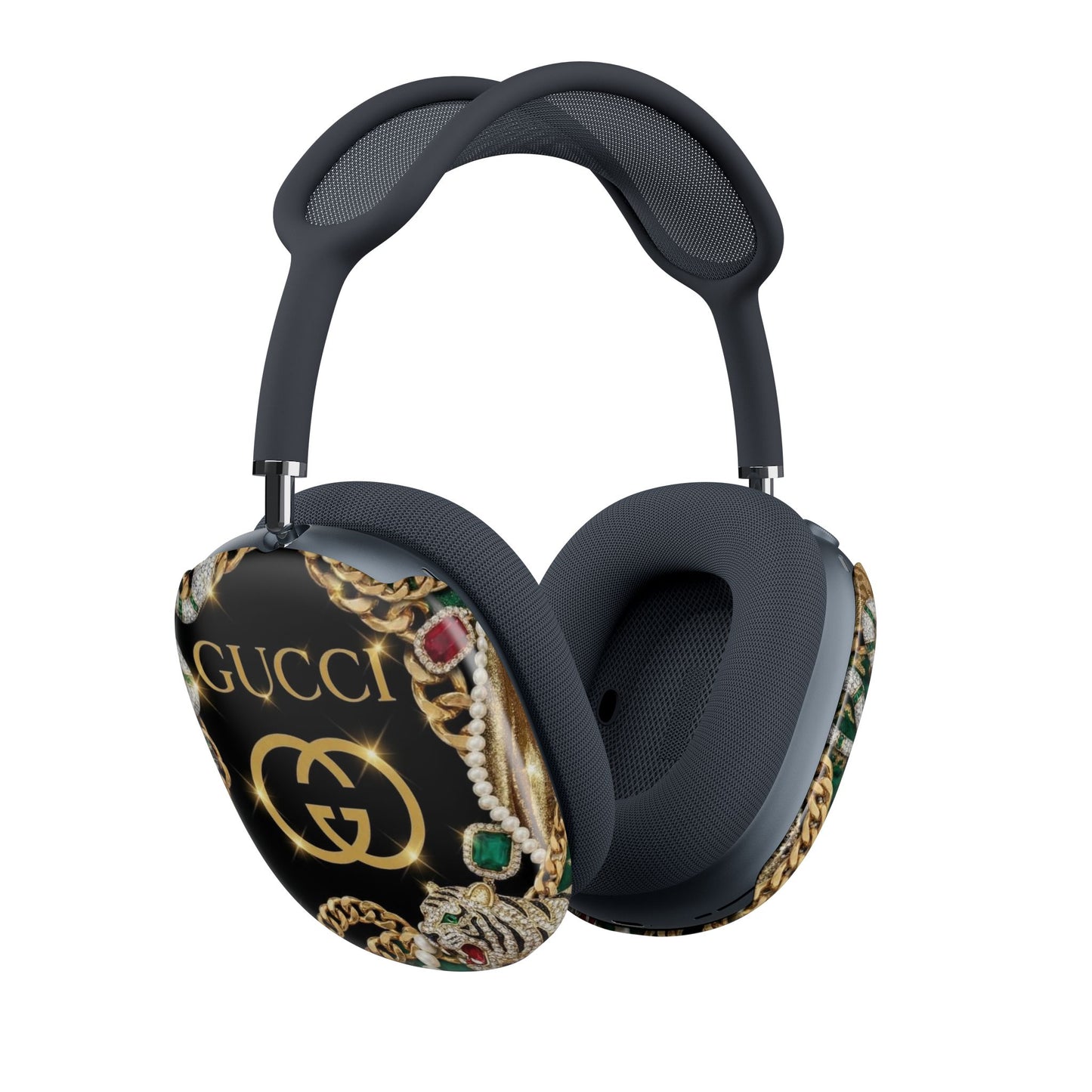 Designer-Inspired AirPod Max Case — Black Gold Chain 'GUCCI' Pattern