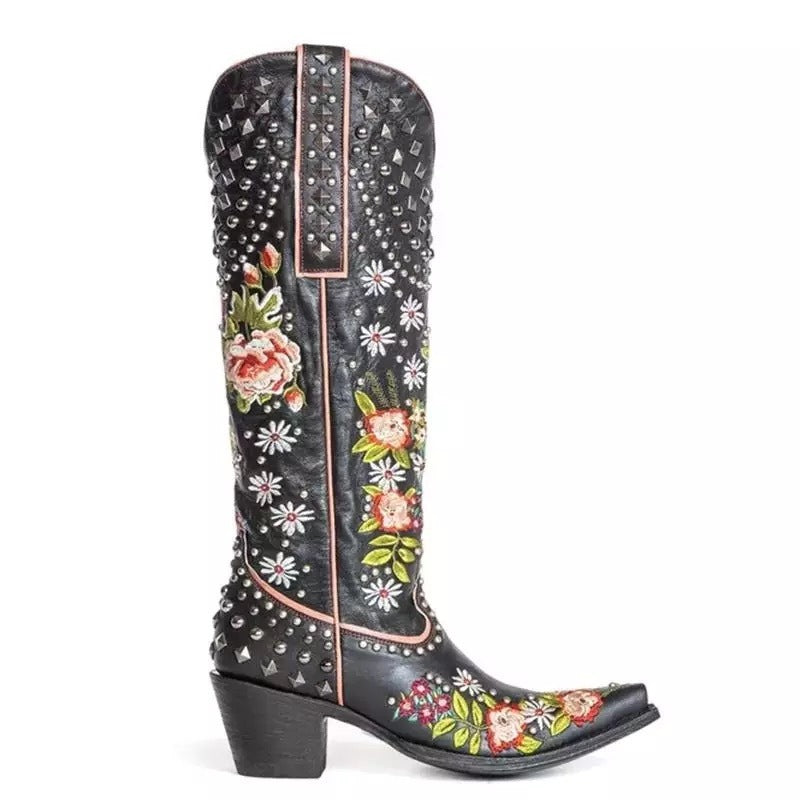 pointed toe bootswomen's boots ethnic style embroidered rivet thick heel women's boots
