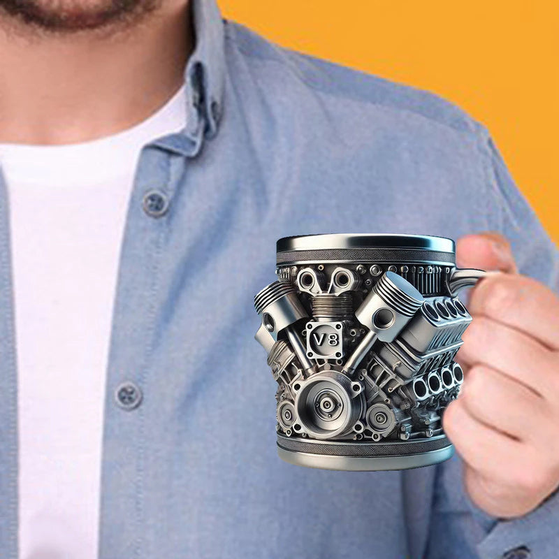 3D Engine - designed Stainless Steel Mug. Ideal for coffee/beer, a fun home & office drinking accessory.