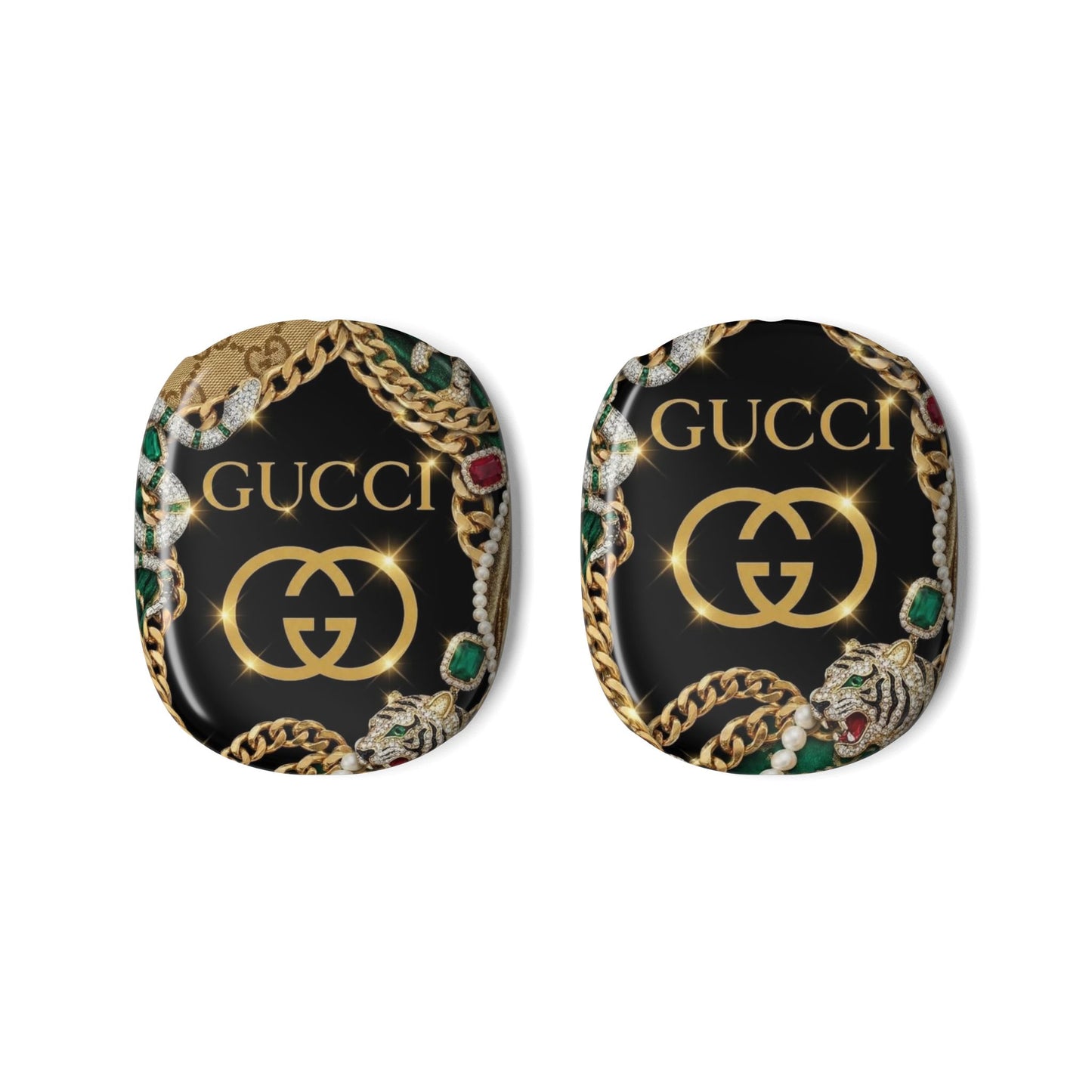 Designer-Inspired AirPod Max Case — Black Gold Chain 'GUCCI' Pattern