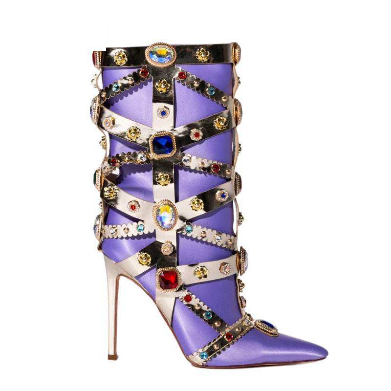 Luxurious Gemstone-embellished Mid Calf Boots Women Fashion Satin Short Boots Ladies Sexy Pointed-toe shoes