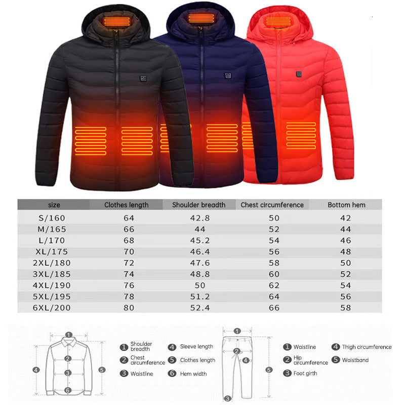 USB Rechargeable Smart Electrical 8 Plate Heating Winter Waterproof Mens Womens Long Sleeve Hoodie Warming Heated Down Jacket