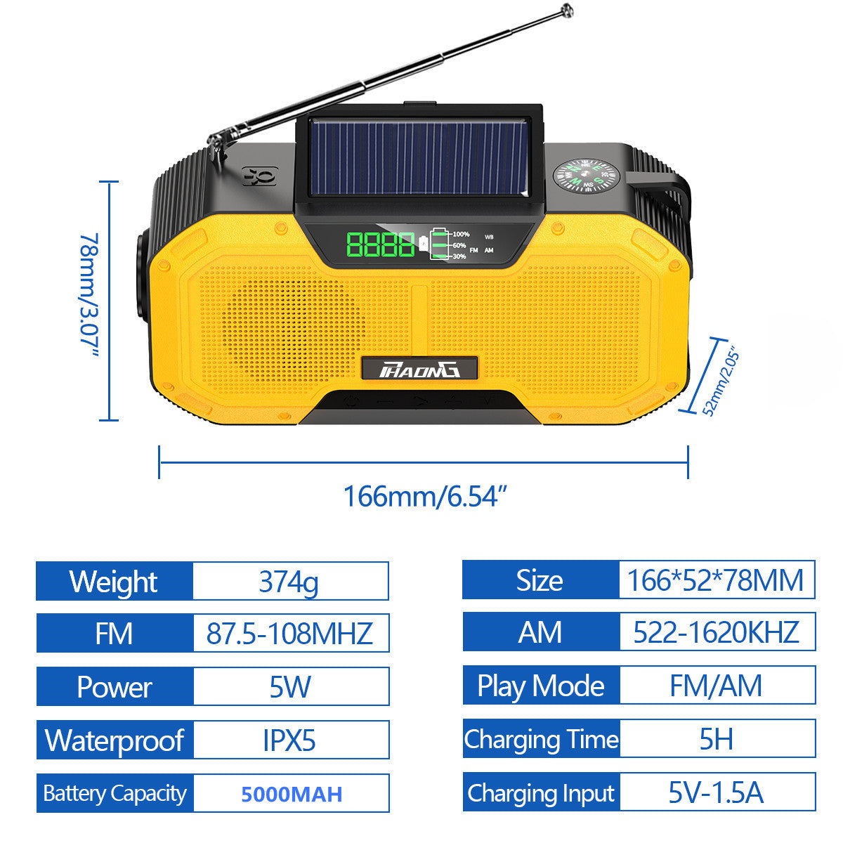 Outdoor Emergency Radio Bluetooth Speaker Solar Hand Flashlight Mobile Charging 5000 Mah Large Capacity