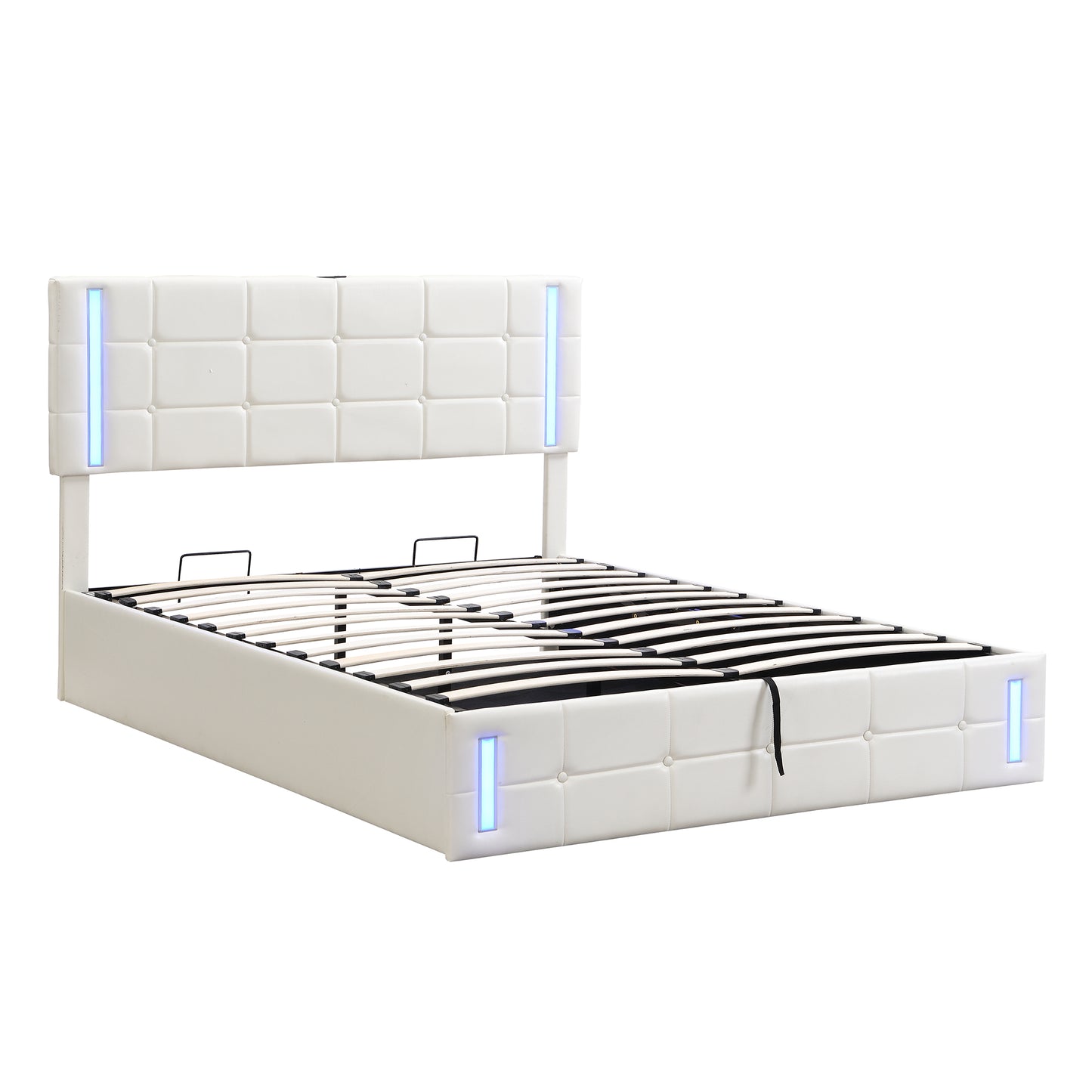 Queen Size Upholstered Bed with LED Lights,Hydraulic Storage System and USB Charging Station,White