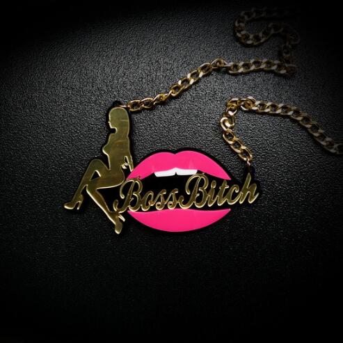 Jewelry Gold Link Chain Necklaces for Women Fashion HipHop Acrylic Red Lip Girl BASS Bitch Pendant Necklace