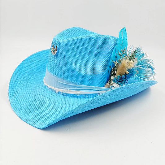 Cowboy Hat Summer Straw Hat Unisex Cowboy Hat Blue Painted Jazzy Cowboy Straw Hat Wide Brim Hat Party Cowboy Hat