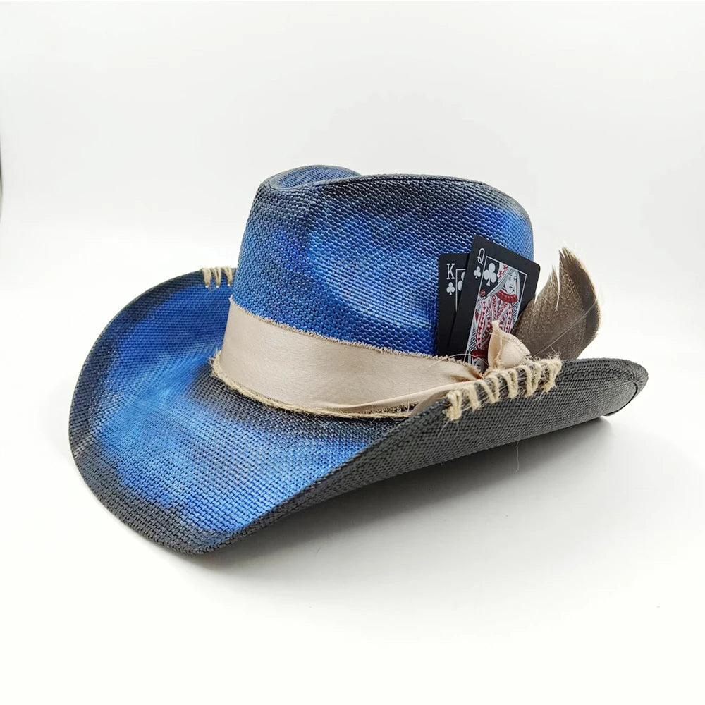 Cowboy Hat Summer Straw Hat Unisex Cowboy Hat Blue Painted Jazzy Cowboy Straw Hat Wide Brim Hat Party Cowboy Hat