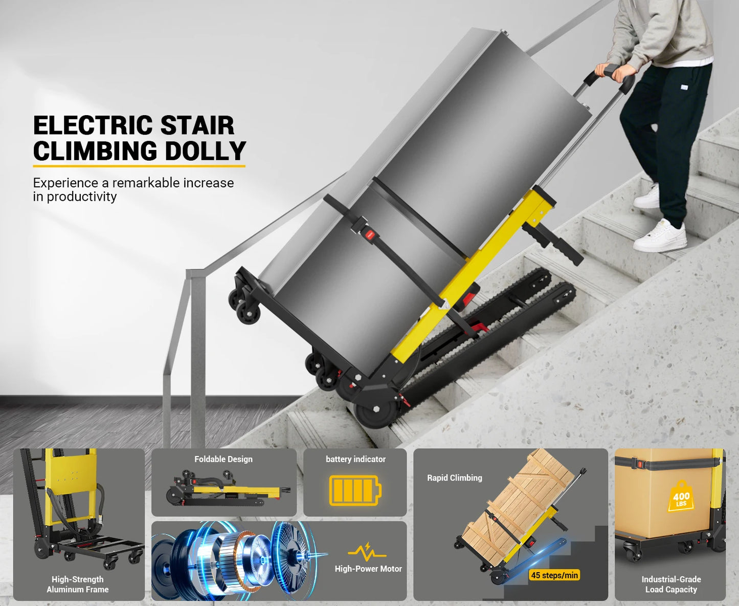 Electric Stair Climbing Hand Dolly Cart for Moving 400lbs Capacity Heavy Duty Folding Stair Climber