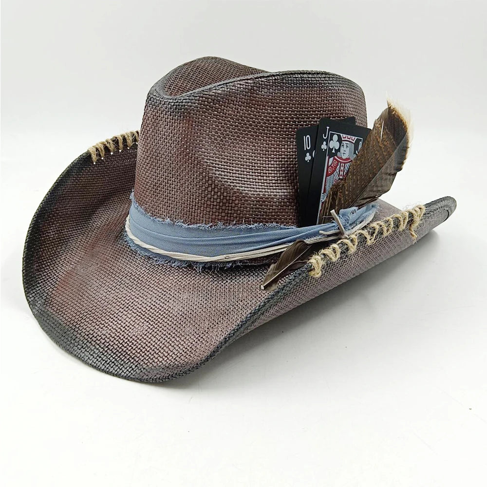 Cowboy Hat Summer Straw Hat Unisex Cowboy Hat Blue Painted Jazzy Cowboy Straw Hat Wide Brim Hat Party Cowboy Hat