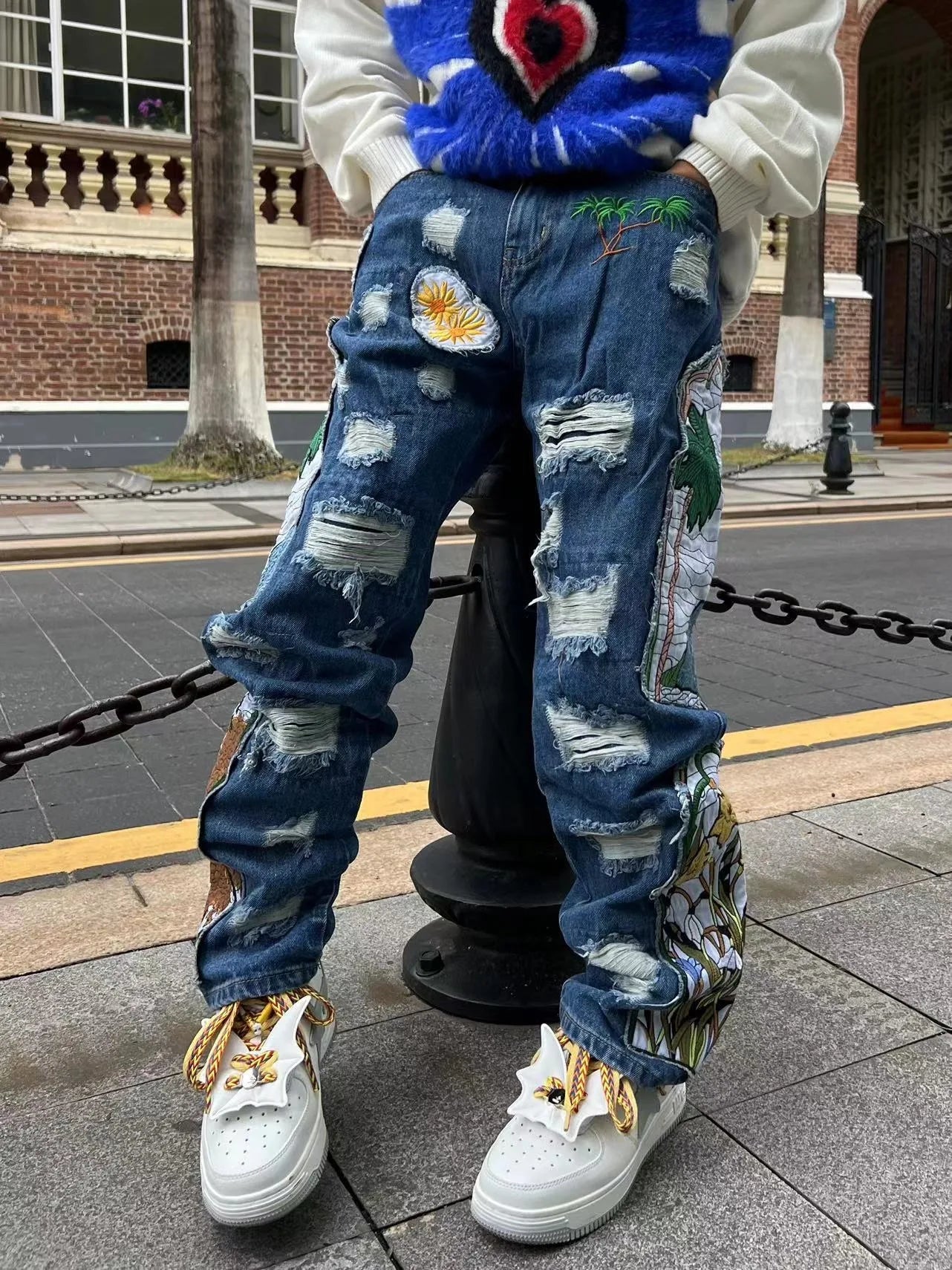 2024 Trend Ripped Tile High Street Retro Design Sense Heavy Quality Hip Hop Baggy Jeans for Men