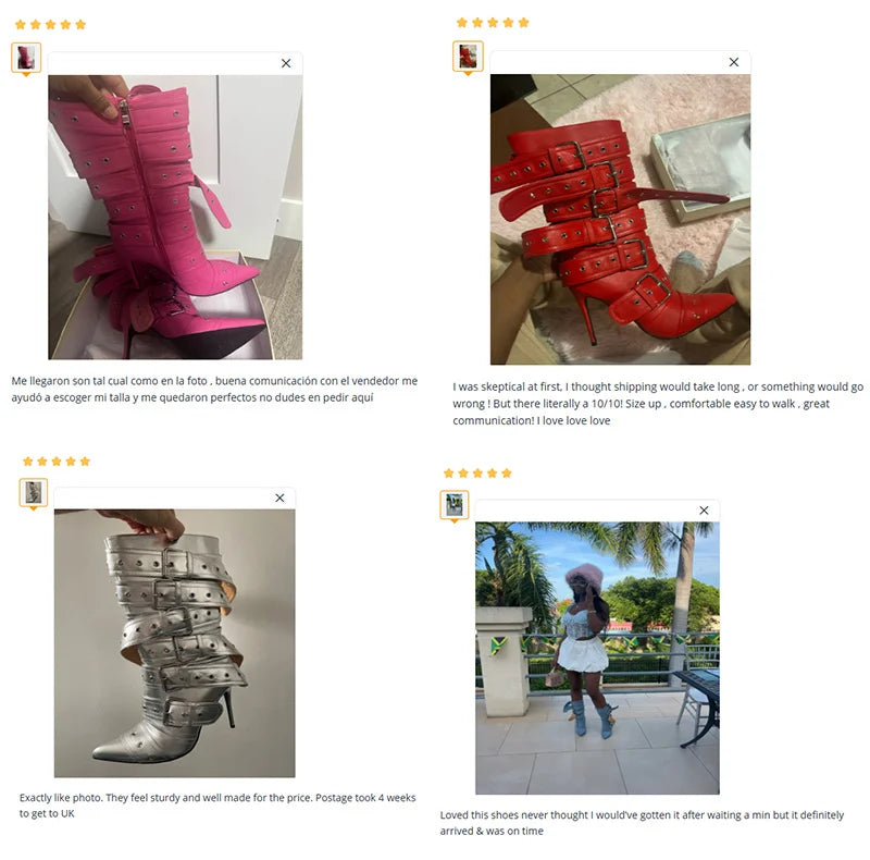 Onlymaker Women Pointed Toe Buckle Strap Mid-Calf Boots  Thin High Heel Lady Zipper Stiletto