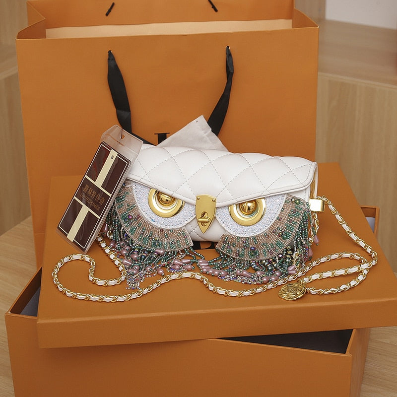 New Luxury Designer Leather Owl Handbag w/ Tassel