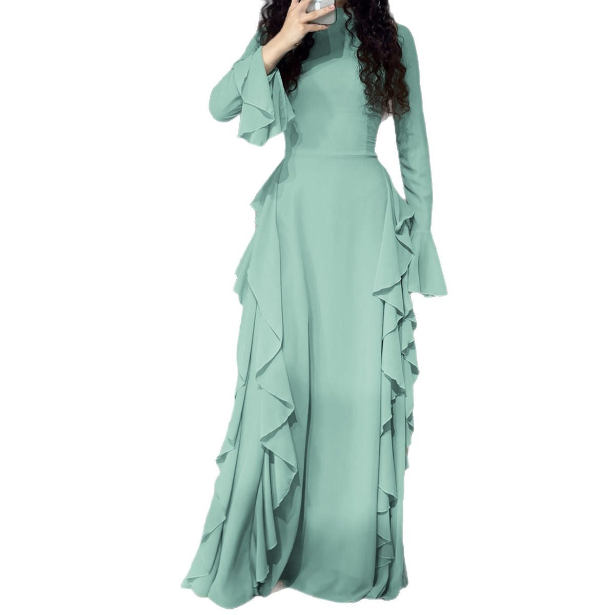 Elegant and casual high waisted solid color design with flared sleeves dress
