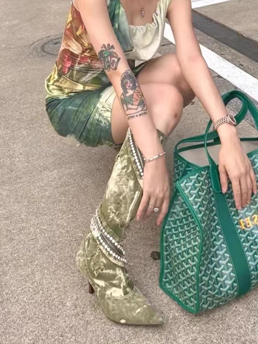 Streetwear Shiny Diamond High Heel Pointed Toe Knee Length Denim Boots  New Autumn Winter Crystal Wrap Zipper Shoes