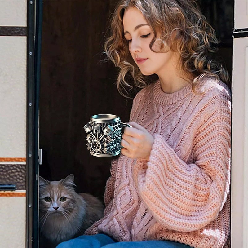 3D Engine - designed Stainless Steel Mug. Ideal for coffee/beer, a fun home & office drinking accessory.