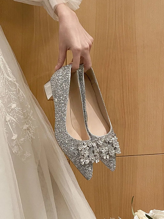 Silver French style mid heeled shoes for women's new square buckle wedding shoes and bridesmaid shoes