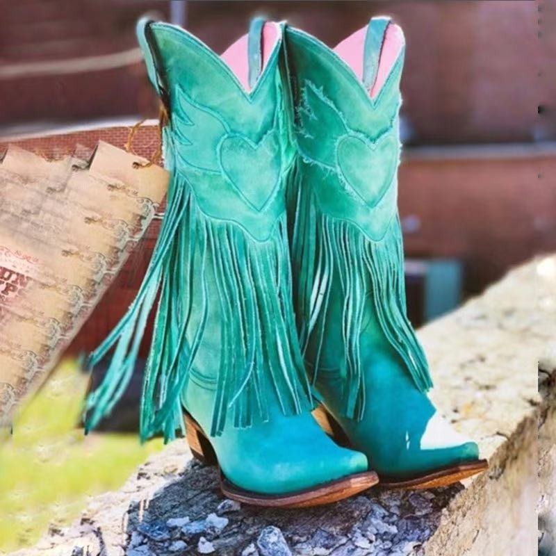 Fashion Women Cowboy Boots Retro Tassel Mid Boots Thick Heel Pointed Toe Western Woman Boots