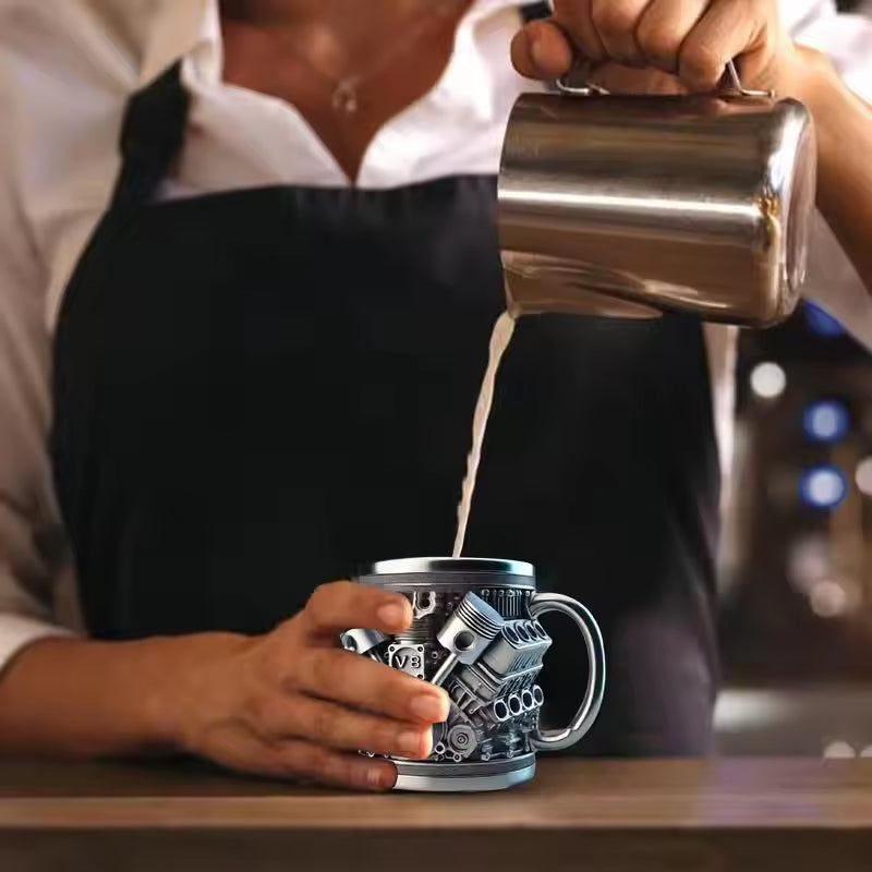 3D Engine - designed Stainless Steel Mug. Ideal for coffee/beer, a fun home & office drinking accessory.