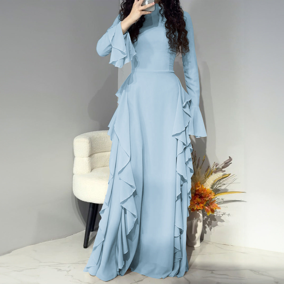 Elegant and casual high waisted solid color design with flared sleeves dress