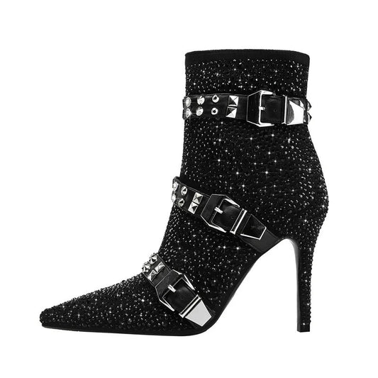 Fashion Crystal Stud Buckle Motorcycle Ankle Boots for women