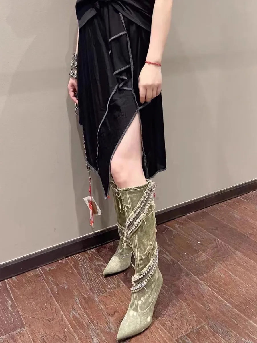 Streetwear Shiny Diamond High Heel Pointed Toe Knee Length Denim Boots  New Autumn Winter Crystal Wrap Zipper Shoes