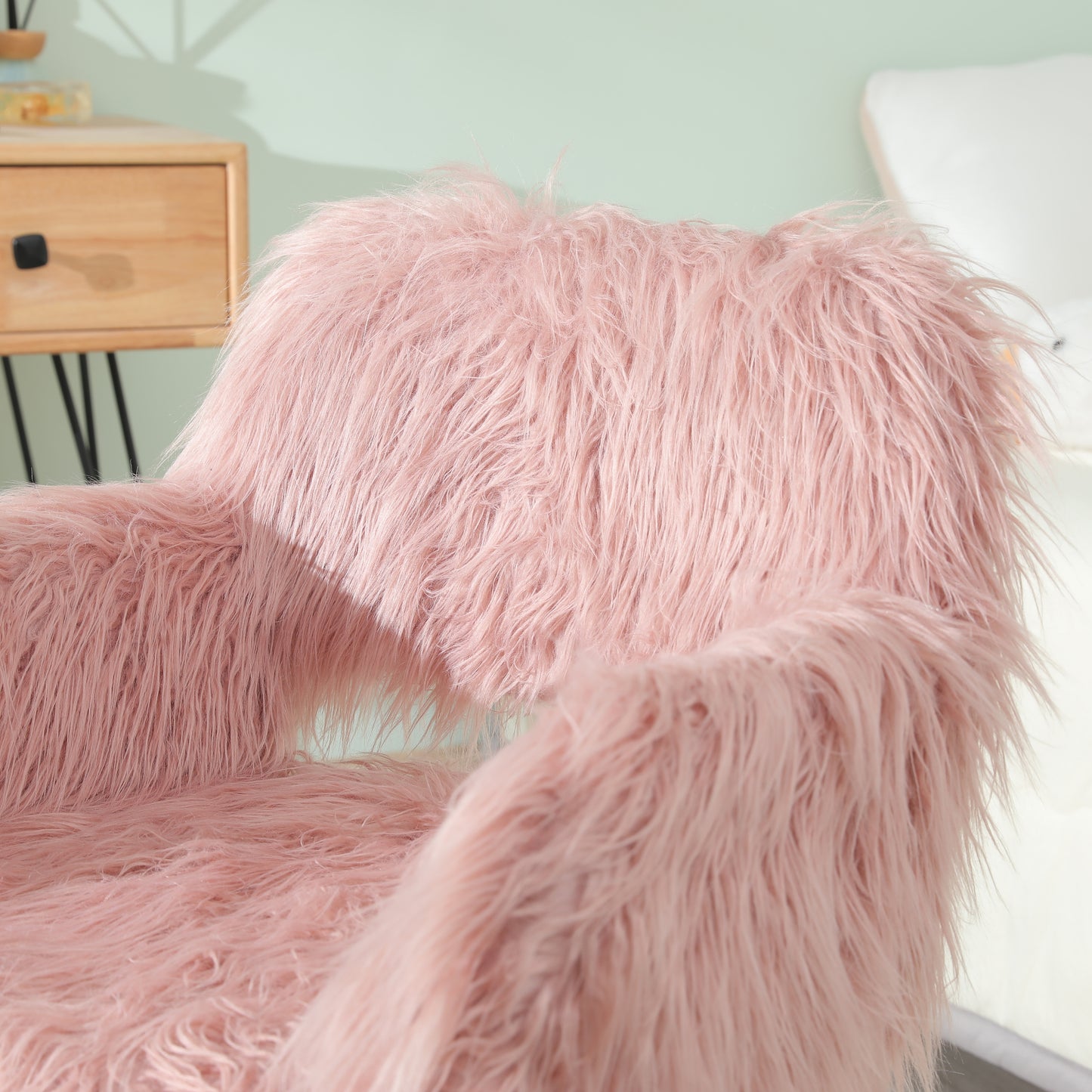 PINK Faux Fur Upholstered Make up chair Side Dining Chair with Metal Leg(PINK+Beech Metal Leg)
