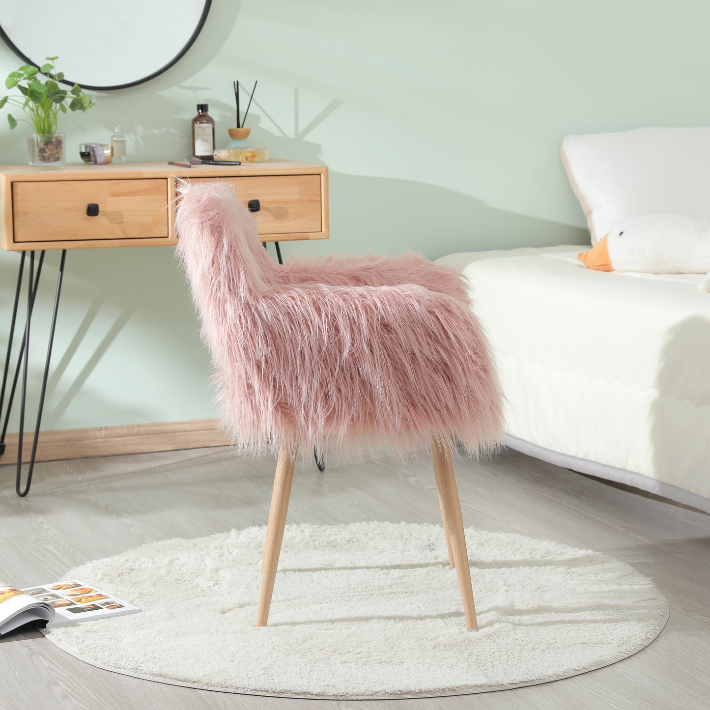 PINK Faux Fur Upholstered Make up chair Side Dining Chair with Metal Leg(PINK+Beech Metal Leg)