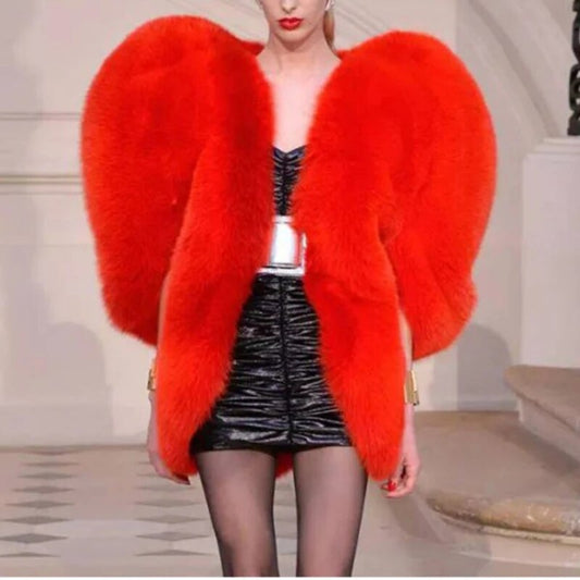 Women Faux Fur Jacket Heart Pattern Personality O Collar Sleeveless Exaggeration Coat Female Fashion Tide Outwear