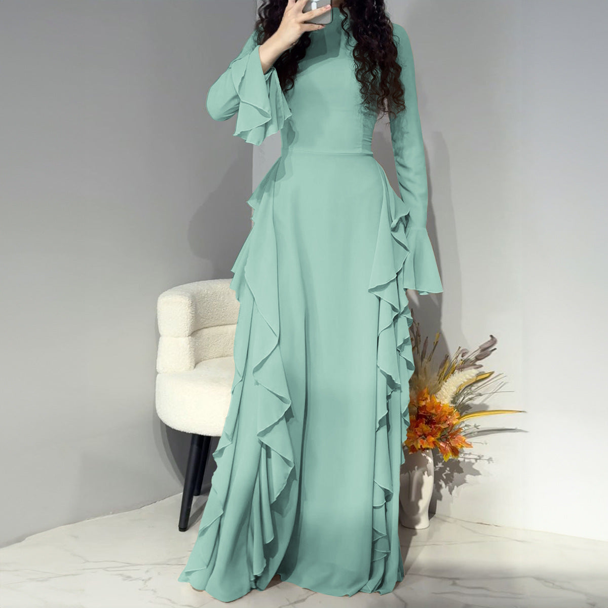 Elegant and casual high waisted solid color design with flared sleeves dress