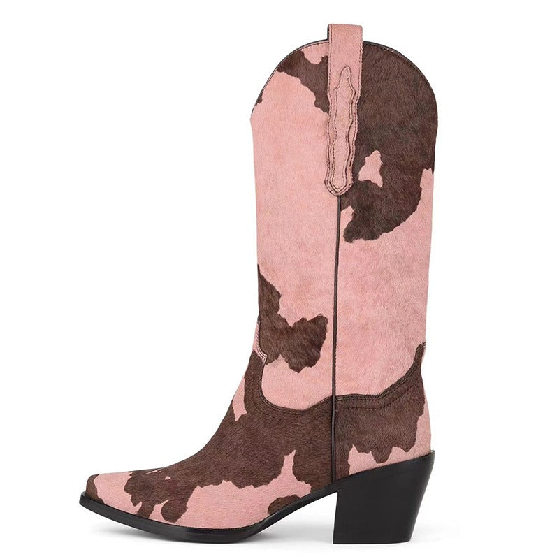 Knee-Length Elastic Rider Boots Round Heel Square Toe Western Boots Plus Size Knee-High Women's Boots