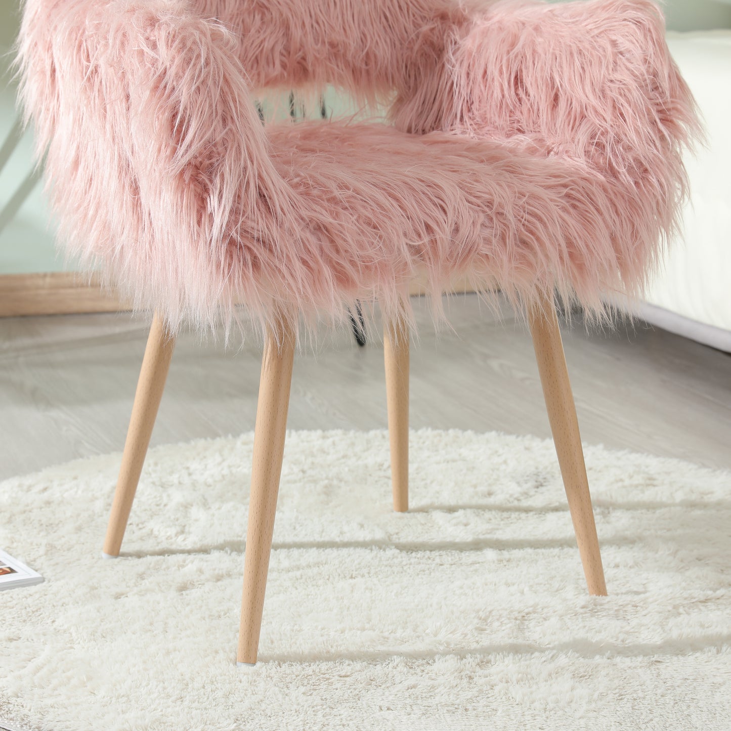 PINK Faux Fur Upholstered Make up chair Side Dining Chair with Metal Leg(PINK+Beech Metal Leg)