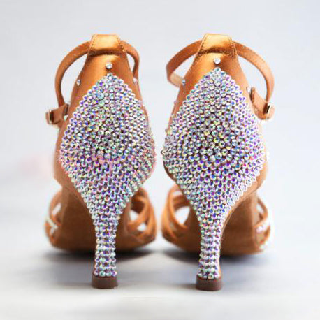 8.5 Latin Shoes With Diamond Inlaid Dance Shoes Competition, Pen Holder, Deep Skin Satin Soft Sole Dance Shoes for Women