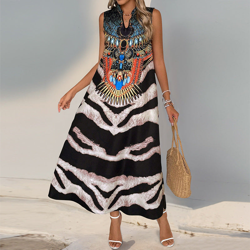 European and American style retro exotic standing collar sleeveless zebra print dress
