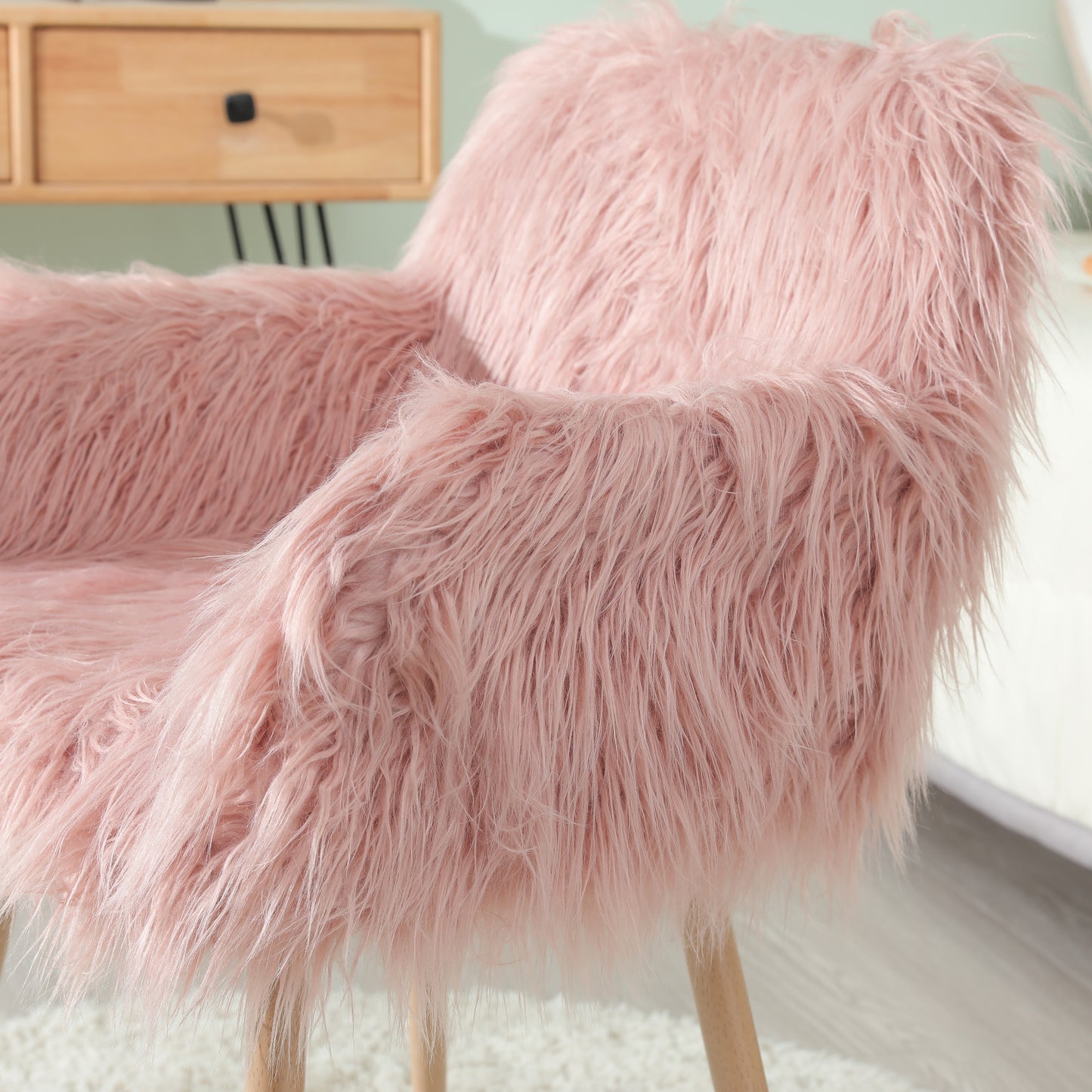 PINK Faux Fur Upholstered Make up chair Side Dining Chair with Metal Leg(PINK+Beech Metal Leg)