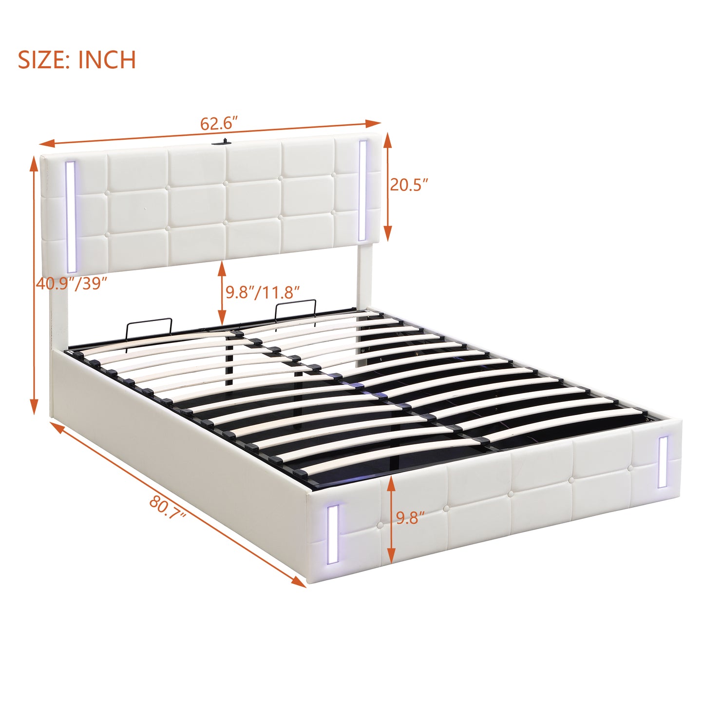 Queen Size Upholstered Bed with LED Lights,Hydraulic Storage System and USB Charging Station,White