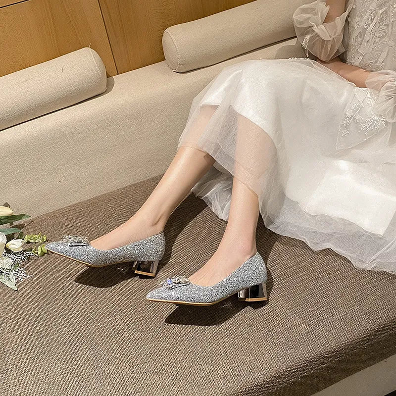 Silver French style mid heeled shoes for women's new square buckle wedding shoes and bridesmaid shoes