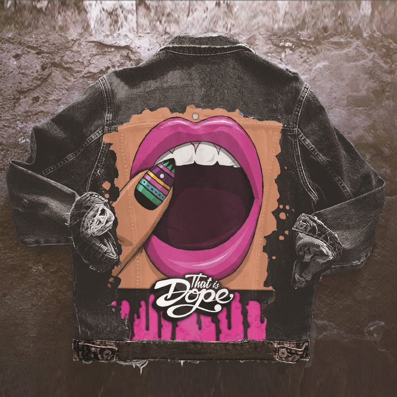 Women's Street Net Red With The Same Tongue Out Print Pattern Lapel Denim Jacket