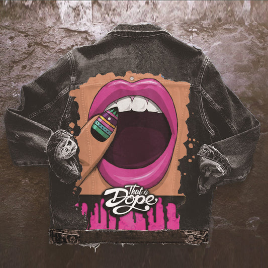 Women's Street Net Red With The Same Tongue Out Print Pattern Lapel Denim Jacket