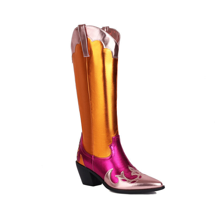 Women Chunky Western Cowgirl Boots Shiny Metallic Leather Mid-calf Boots Sexy Pointy Toe Pull On Patchwork Boot Fashion Footwear