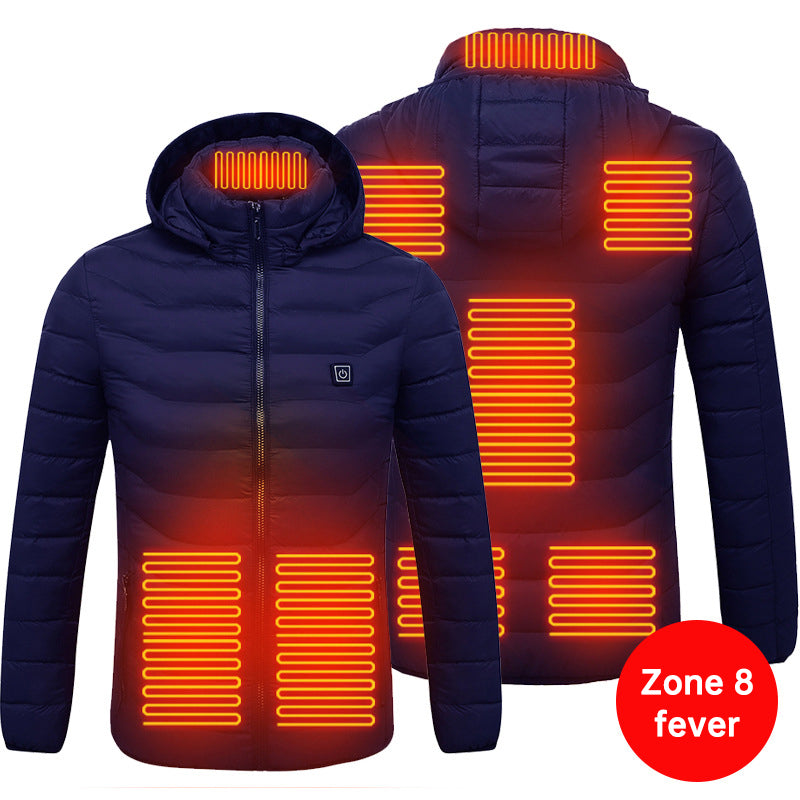 USB Rechargeable Smart Electrical 8 Plate Heating Winter Waterproof Mens Womens Long Sleeve Hoodie Warming Heated Down Jacket