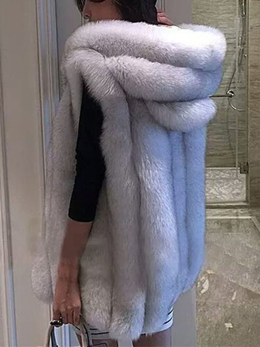 Winter New Hooded Luxury Fur Vest For Women Fashion Slim Fit Mid Length Imitation Fur Warm Coat