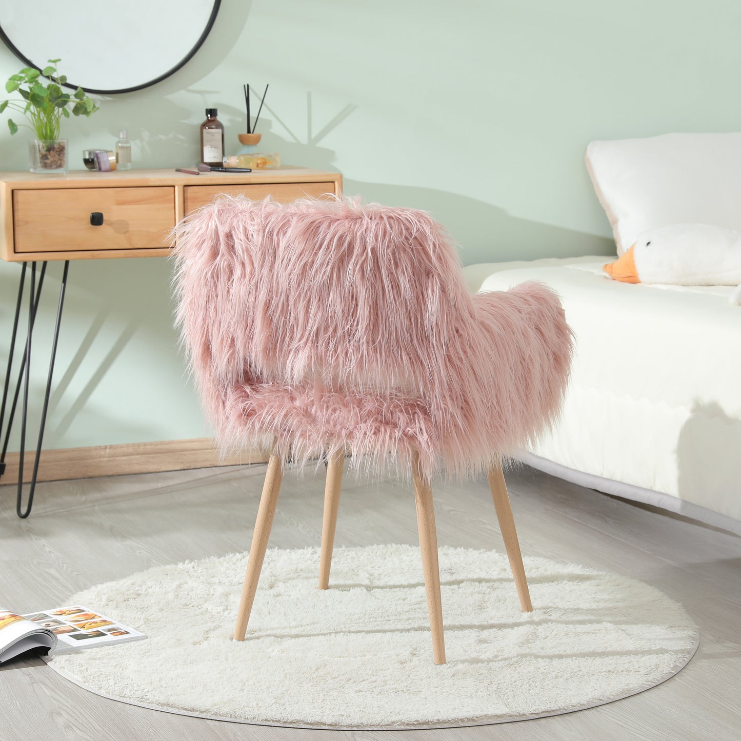 PINK Faux Fur Upholstered Make up chair Side Dining Chair with Metal Leg(PINK+Beech Metal Leg)