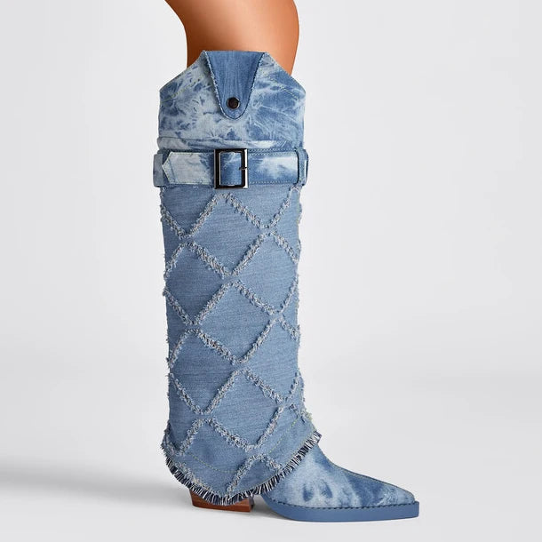 Cowboy Winter Boots Western Women Knee High Heel Slip on Pointed Toe