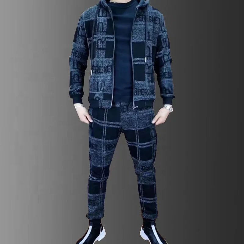 Mens Zipper Hoodie Tracksuit Set Luxury Printed Jacket+Sweatpants Male Lapel Jacket Suit 2Pcs Outdoor Athletic Sets