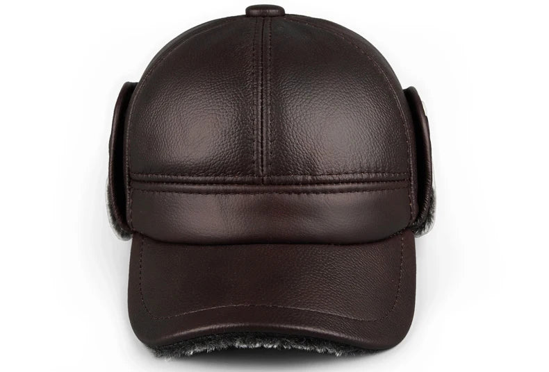 High Quality Genuine Leather Hats Winter First Layer Cowhide Warm Earmuffs Bomber Caps Plus Velvet Thicken Man Bone Caps Dad Hat