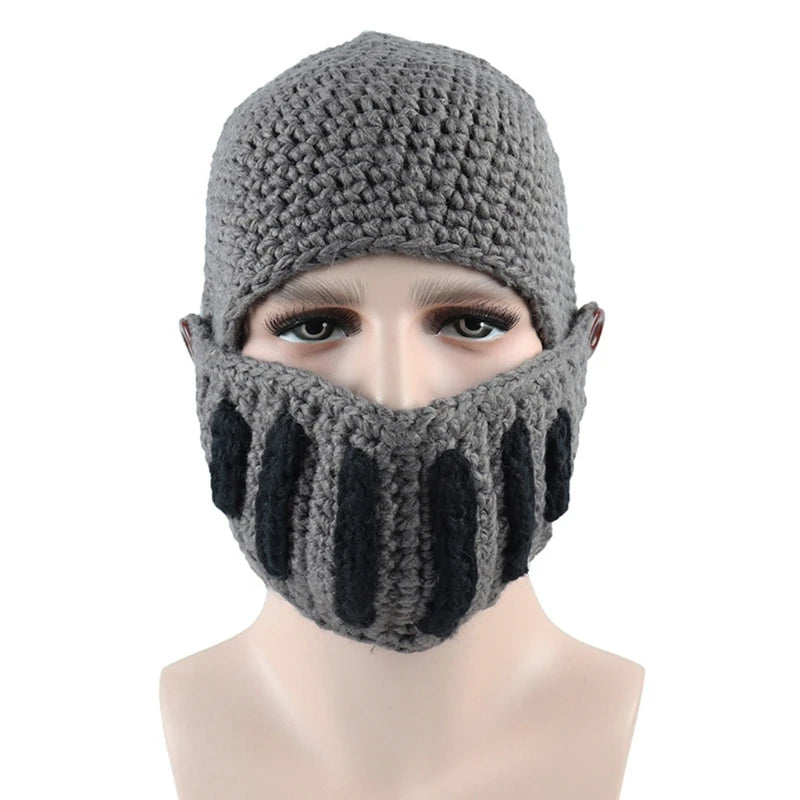 Unisex Autumn Crochet Knitted Roman Knight Helmet Beanie Hat Solid Color Barbarian Earflap Skullies with Removable