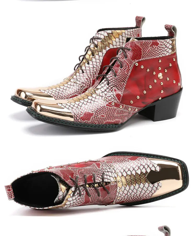 Spring Man Metal Fangtou Belt High-heeled Short boots Western Cowboy Boots Cowhide Serpentine Printing Stage show Party boots